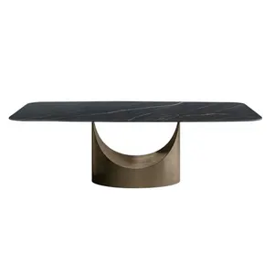 โมเดิร์นหินอ่อนบรอนซ์สแตนเลสฐาน1.8ตารางขนาดใหญ่ที่กำหนดเองสีดำกระดานชนวนโต๊ะรับประทานอาหาร