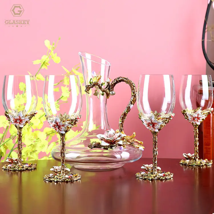 Esmalte Lily Flor Decantador De Cristal Home Luxury European Wine Glass Vidro De Vinho Sem Chumbo Vidro De Vinho Pintado à mão