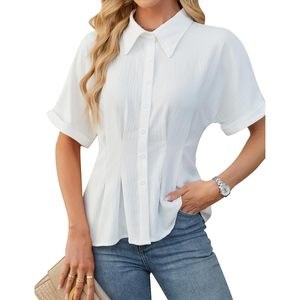 Chemise à manches courtes en popeline pour femme, boutonnée, style peplum, décontractée, pour tous les jours - Product Image 1