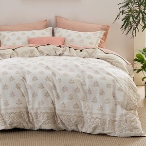 100% katoen, milieuvriendelijk, 400TC, Amerikaanse stijl dekbedovertrekset met ritssluiting, 3-delig, zacht, ademend, bloemenprint, beige, voor thuis en ziekenhuis - Product Image 1
