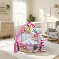 Tapis d'éveil 5-en-1 rose pour bébé, thème friandises, avec anneau de dentition intégré de qualité alimentaire, centre d'activités et fosse à balles rembourrée lavable