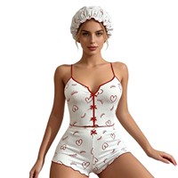 Ensemble pyjama 2 pièces pour femme 2026, en maille côtelée à imprimé cœurs, avec débardeur et short, bordure à volants et nœud décoratif, tenue de nuit et de détente estivale douce
