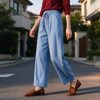 Jean large bleu ciel avec cordon de serrage pour femme, idéal pour les sorties d'automne à Pierhead