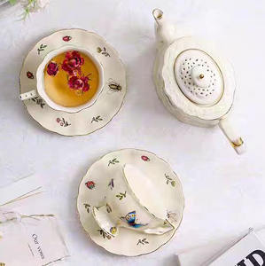 Ensemble théière et tasses à <span class=keywords><strong>café</strong></span> en céramique style rétro européen, motif papillon crème, bord doré, vaisselle de thé de l'après-midi, cadeau - Product Image 2