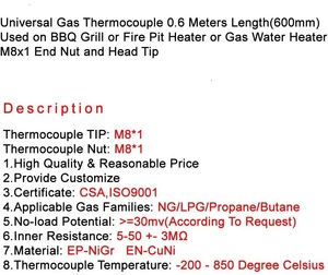Universal <strong>Gas</strong> <strong>Thermocouple</strong> 24" Length Used On BBQ Grill Or Fire Pit Heater Or <strong>Gas</strong> Water Heater M8x1 End Nut And Head Tip - Product Image 2