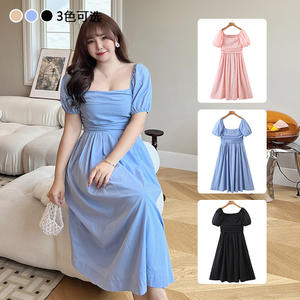 Vestido de Cóctel Negro de Algodón Talla Grande N8390, Cuello Cuadrado, Mangas Abullonadas, Cintura Imperio, Estilo Simple, Vestido Largo para Mujer - Product Image 3