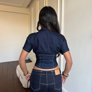 Camisa de Mujer con Cuello en V, Estilo Denim, Manga Corta, Corte Ajustado, Estilo Y2K, Blusa Informal con Aspecto de Denim para Mujer - Product Image 4