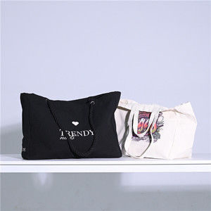 Women's Medium Oversize <b>Weekend</b> Canvas Cotton Shopping Tote <b>Bag</b> Custom <b>Black</b> Logo Fashionable Letter Pattern Eco-Friendly Zipper - Product Image 5