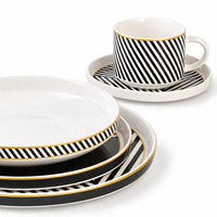 Service de table en porcelaine fine rayé noir et blanc personnalisé, avec bordure dorée géométrique, assiettes, bols et tasses en céramique