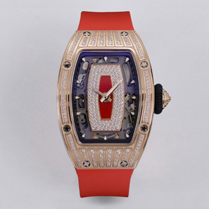 Ladies' rose gold diamond-<b>set</b> automatic mechanical <b>watch</b> with red lip design and red rubber strap. - Product Image 1