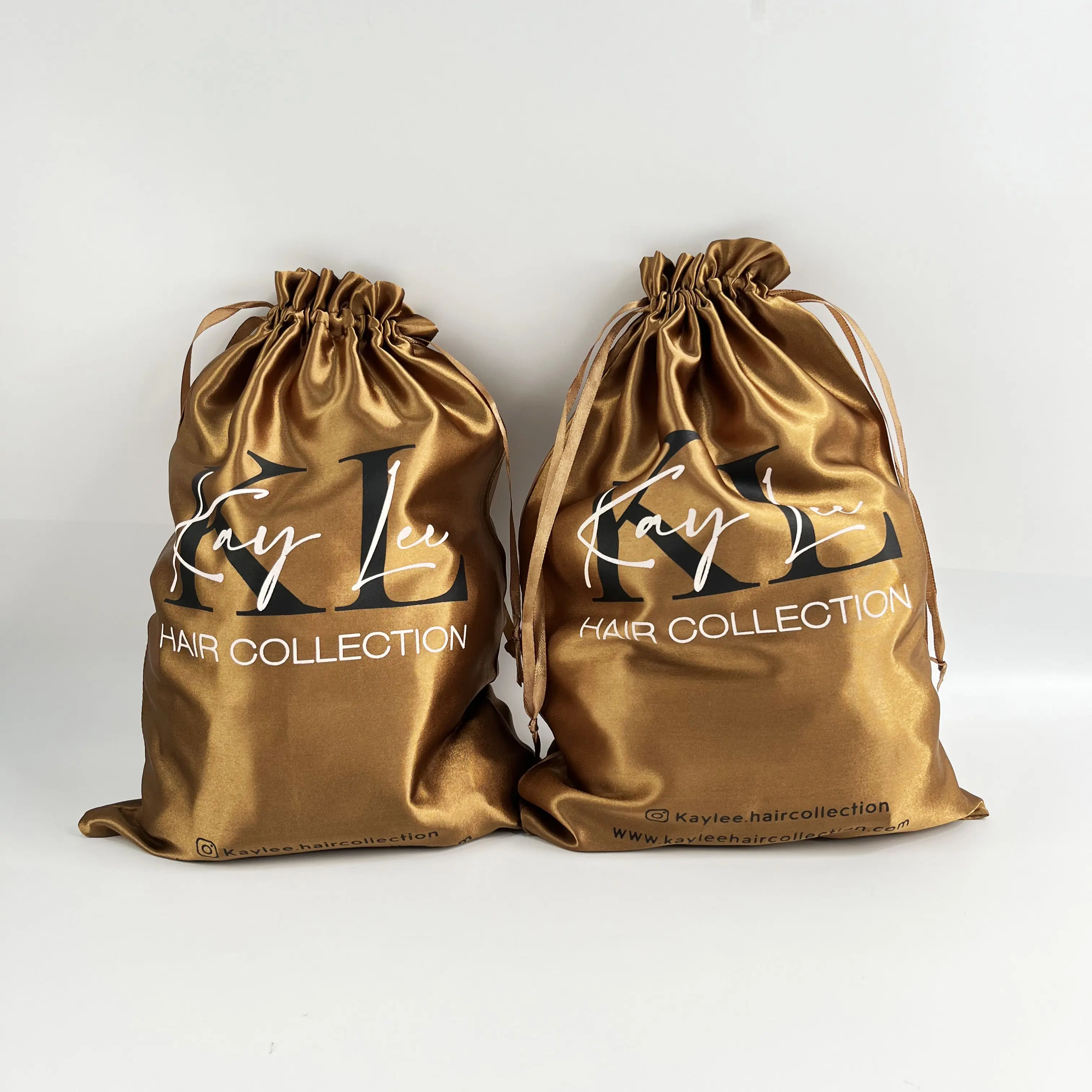 Custom Printed Small Silk Drawstring Bags Brown Satin Pouch For Hair Packaging