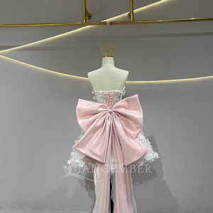 JFH75 ชุดราตรีมินิเดรสคอเรือสีชมพูมีสไตล์พร้อมโบว์ - Product Image 4