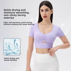 <span class=keywords><strong>Camiseta</strong></span> deportiva <span class=keywords><strong>de</strong></span> Yoga <span class=keywords><strong>de</strong></span> manga corta ajustada Sexy <span class=keywords><strong>para</strong></span> <span class=keywords><strong>mujer</strong></span>, cuello en V, secado rápido, ligera, Fitness, correr, entrenamiento, transpirable - Product Image 4