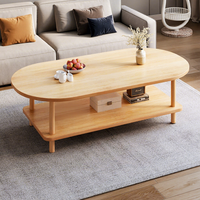 Table basse ovale économique de style nordique à double étagère, ton chêne naturel, pieds en bois aux coins arrondis, grand espace de rangement, emballage démontable