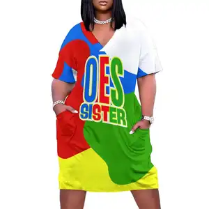 Aangepaste 2024 Oes Eastern Star Vrijmetselaars Nieuwe Damesjurken V-Hals Afrikaanse Vrouwen Losse Strandjurk Casual T-Shirt Jurk
