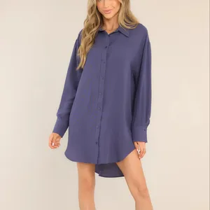 Wholesale Women Linen Cotton Shirt Dress Ladies Shift Plain Chiffon Long Dresses Loose Fit Shirt Dress With Pockets