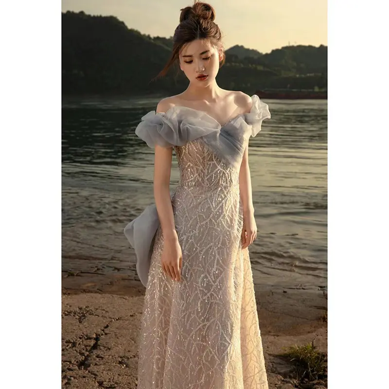 Váy dạ hội kiểu Pháp một vai nữ 2023 Mới Mùa Hè bạn gái phù dâu đính hôn bánh mì nướng Váy Cô Dâu