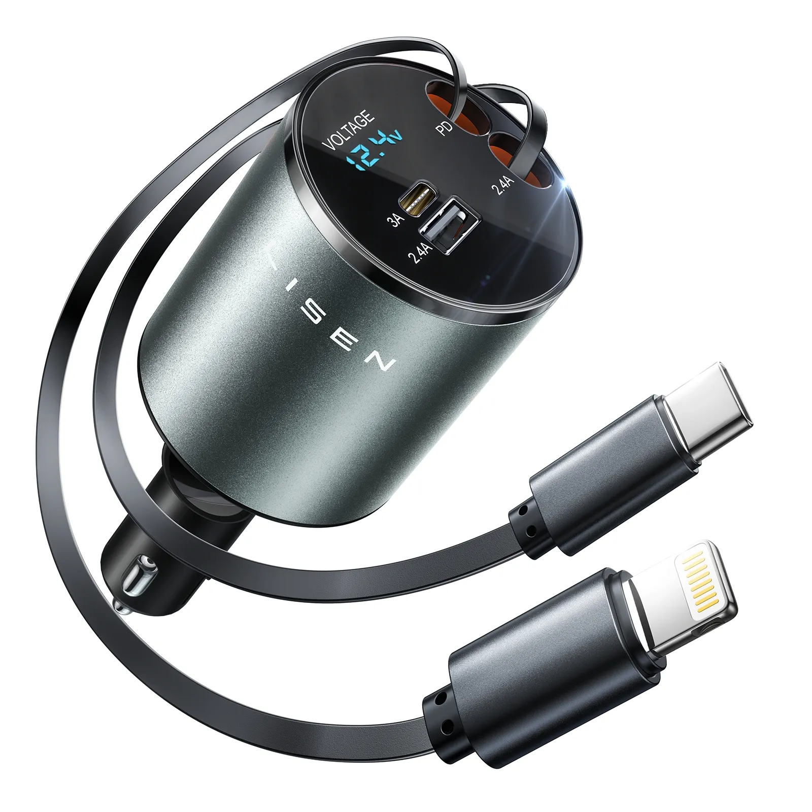 Lisen 2024 New Design 4 in 1 Retractable Car Charger USB C 69W Fast Charge Car Phone Charger