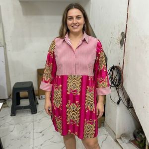 Women's Printed Casual <b>Dress</b> <b>Tiger</b> Stripe Pattern Shirt Collar Midi <b>Dress</b> Boohemian Summer Wear - Product Image 1