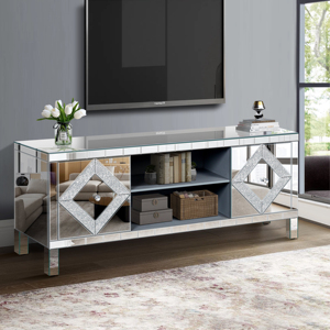 Mirrored TV Stand for 65+ Inch TV Silver Console Table with <b>Open</b> <b>Storage</b> and 2 Cabinets Diamond Shape Sparkling Design - Product Image 2