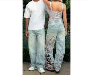 Stokta sınır ötesi ağır işlemeli Y2K amerikan Vintage Boot Cut orta yıkama Hip-hop Streetwear gevşek Unisex Denim - Product Image 5