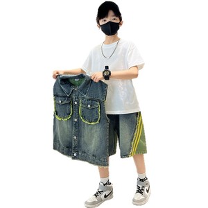 Ensemble <span class=keywords><strong>gilet</strong></span> en jean deux pièces pour garçons, coupe ample en coton, pour enfants plus âgés, collection été - Product Image 5