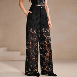 Pantalon en dentelle florale semi-transparente personnalisé pour femmes, bas décontracté élégant pour dames - Product Image 4