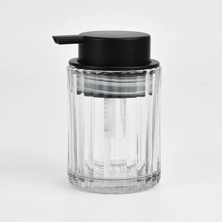 250 Ml 8 Oz Rechte Cilindrische Verticale Streep Glas Zeepdispenser Met Matte Zwarte Grote Plastic Lotion Pomp
