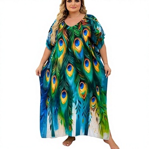 <strong>Plus</strong> <strong>Size</strong> Chiffon Loose <strong>Beach</strong> Kaftan Dresses for Women Print V-Neck Long Swimsuit <strong>Cover</strong> <strong>Ups</strong> - Product Image 1