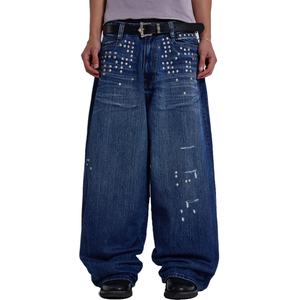 Wholesale <b>Men</b> Vintage Blue Baggy Diamond <b>Jeans</b> Distressed Studded Heavy Weight Slub Denim <b>Jeans</b> - Product Image 1