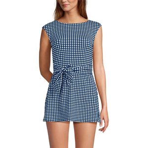 Vestido de baño mini con mangas casquillo y cinturón para mujer, azul a cuadros, corte A, de secado rápido, tipo pareo - Product Image 1