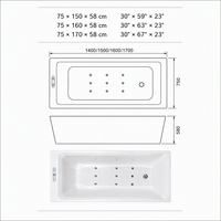 Baignoire rectangulaire à LED, blanche, avec massage à bulles, baignoire de trempage, couleur personnalisable, 150 cm, 160 cm, 170 cm