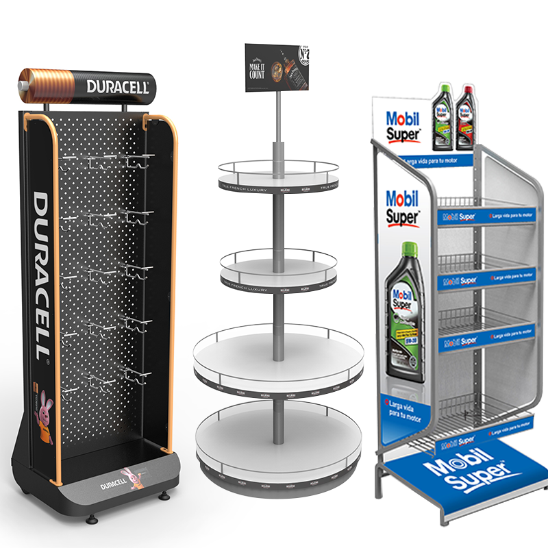 Wholesale Custom Metal Battery Display Rack Collection Pegboard Circular Tiered Wire Basket Stands for Retail Store Supermarket