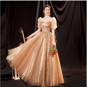 Gold Ball Gown Sweetheart Neckline Empire Waist Puff Sleeve Vintage Evening Dress For Bridal Photoshoots And Performances - Product Image 5