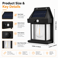Solar-Bewegungssensor-Wandleuchte für Außenbereich, LED-Laterne mit Warmem Filament-Licht, Automatische Nachtbeleuchtung für Garten, Terrasse, Garage, Zaun