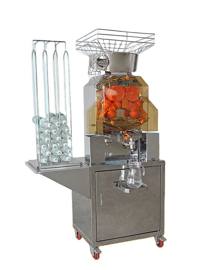 Máquina de suco de laranja fresca de autoserviço, com rack para garrafas