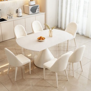 Ensemble de table à manger ovale extensible en pierre frittée, style moderne minimaliste, 6 pièces, base conique, couleur crème, pour la maison, l'appartement, le restaurant - Product Image 3