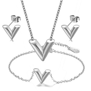 Ensemble de bijoux en acier inoxydable en forme de V, collier, boucles d'oreilles, bracelet, cadeau unisexe, design géométrique - Product Image 1