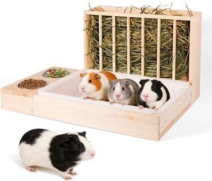Mangeoire à foin pour <span class=keywords><strong>lapin</strong></span> avec bac à litière 3 en 1, bac à litière en bois pour <span class=keywords><strong>lapin</strong></span>, support à foin avec 2 bols - Product Image 1