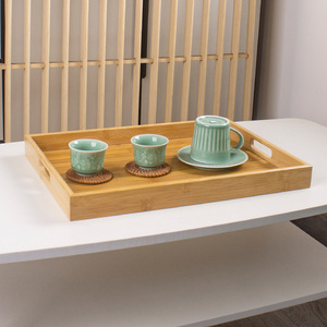 Bamboo <b>tea</b> <b>tray</b>, rectangular with right-angle pull handles, simple <b>tray</b> for home, hotel, and restaurant use, teacup and saucer - Product Image 1