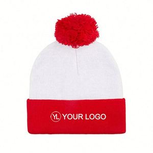 Custom Logo Winter Fold Over Cuffed Knit <b>Hat</b> Red White Pom Beanie for Holiday Promotions - Product Image 1