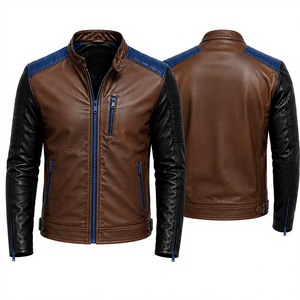 Men's Brown Leather Heated Moto <b>Biker</b> <b>Jacket</b> Mandarin Collar Zipper Closure Front Logo Winter Wear Regular Sleeve Slim Fit - Product Image 1