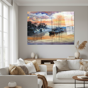 Toile imprimée : Paysage marin abstrait - Voiliers au coucher du soleil, Décoration côtière, ART SUR VERRE TÉRMÉRÉ - Product Image 3