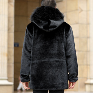 Manteau d'hiver chaud pour homme en fausse fourrure noire à capuche, fermeture éclair, en peluche, fourrure de vison, mi-long, décontracté - Product Image 3