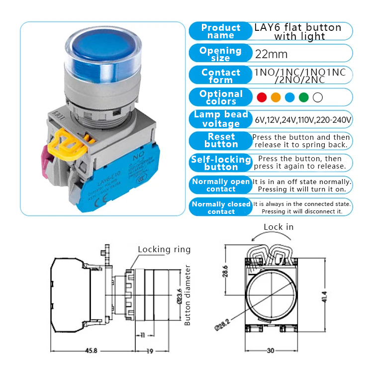 Bouton plat avec interrupteur | rouge/vert/jaune/blanc/bleu