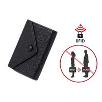 Dompet Kartu Kredit Wanita Lucu Warna Hitam dari Kulit PU Bertekstur, Dapat Diperluas dengan Kancing, Dilengkapi RFID Blocking, Model Amplop