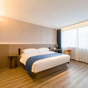 Hotel Bed Manufacturer Cheap Price Custom Size Fabric Upholstered <b>Headboard</b> Wood Platform Bed with Cotton Linen Bedding Set - Product Image 1