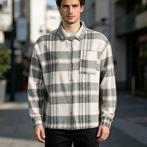 Camisa de Franela Cálida y Cómoda para <span class=keywords><strong>Hombre</strong></span>, Mezcla de Algodón, Estampado a <span class=keywords><strong>Cuadros</strong></span> Grises y Blancos, Estilo Oversize, para Otoño y Actividades al Aire Libre - Product Image 5