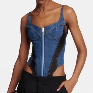 Hete Meid Y 2K Contrasterende Kleur Stiksels Slim Fit Off-Shoulder Sexy Denim Vest Rits Jarretel Dames Denim Eendelige Bh