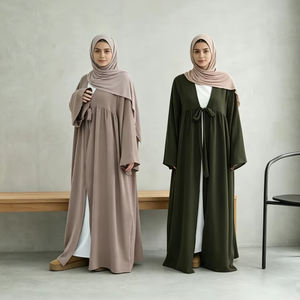 Abaya Musulmana Personalizada, Elegante, de Color Sólido, Talla Grande, Hecha a Mano, de Poliéster Crepé, con Abertura Frontal y Lazos, Estilo Casual para Mujer - Product Image 1